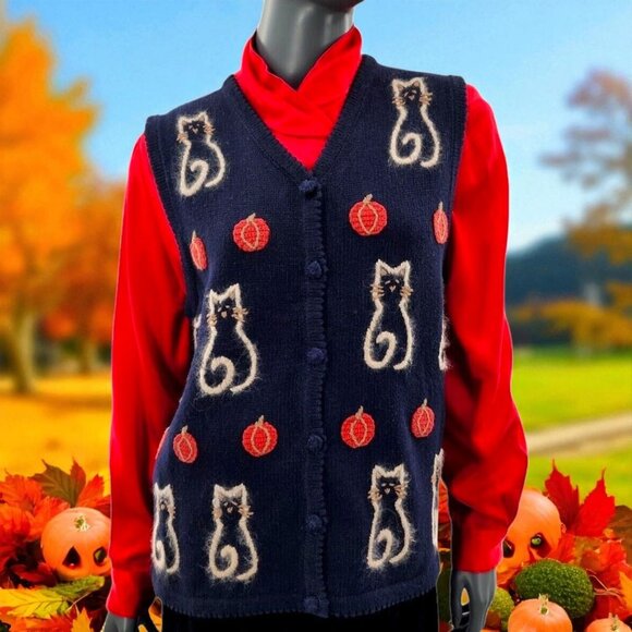 Halloween Cats Sweater Vest Blue White Embroidered Cats Pumpkins Large Vneck - Picture 1 of 9